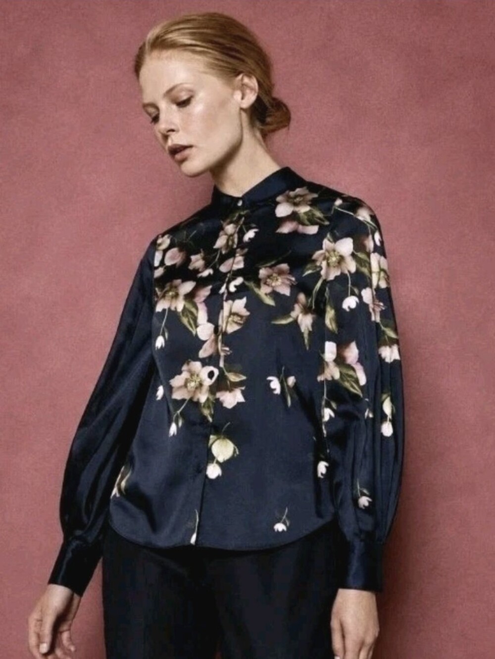 Ted Baker London Laniie Arboretum Blouse Balloon Sleeve Navy Blue Floral Sz XS